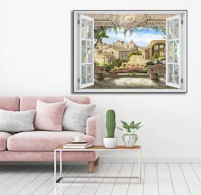 Наклейка на стену, Окно с видом на красивый город W154 фото