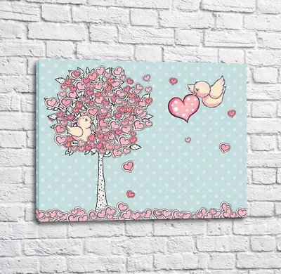 Постер Розовые птицы и дерево из сердечек на голубом фоне Mul16548 фото