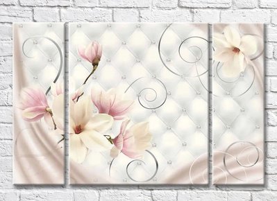Триптих Цветки магнолии на фоне каретной стяжки со стразами 3D7729 фото