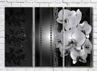 Триптих Монохромные орхидеи и узоры на темном фоне 3D7829 фото