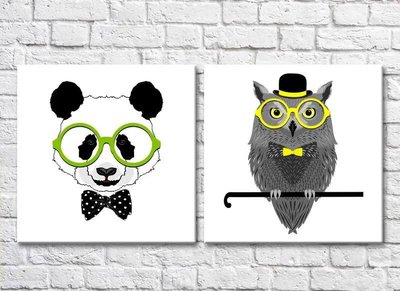 Diptic Panda cu ochelari și o bufniță cu baston Mod6929 фото