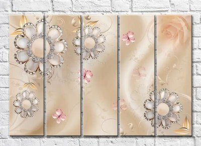 Полиптих Цветы и бабочки из бижутерии на бежевом фоне 3D7229 фото