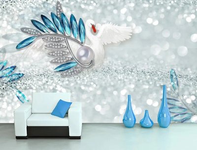 Фотообои Белая лебедь и бижутерия с голубыми камнями на серебристом фоне 3D4029 фото