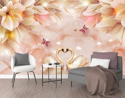 Фотообои Лебеди и бабочки на розовом фоне с цветами 3D3829 фото