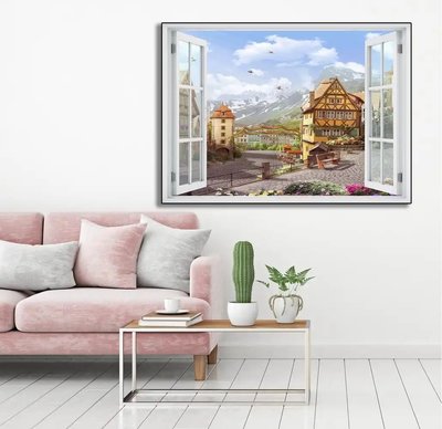 Autocolant de perete, fereastră 3D cu vedere la munte la oraș W153 фото