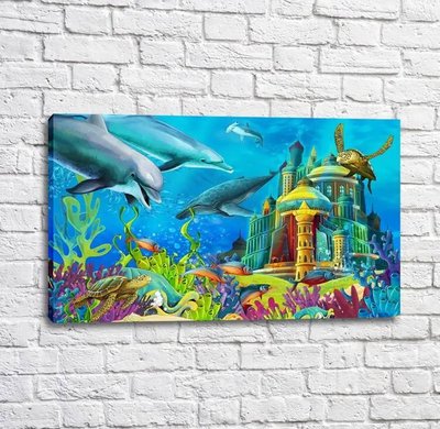 Постер Подводный мир с видом на рыб и большой сказочный замок Mul16549 фото