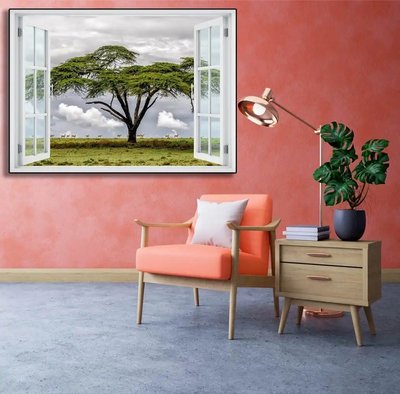 Autocolant de perete, fereastră 3D cu vedere la un copac singuratic W103 фото
