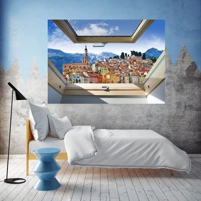 Autocolant de perete, fereastră 3D cu vedere la oraș W03 фото