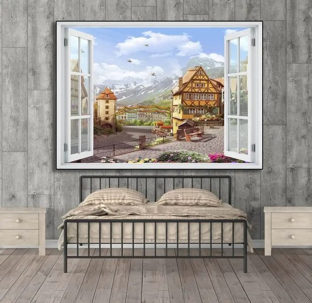 Наклейка на стену, 3D-окно с видом на горный город W153 фото