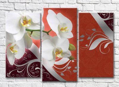 Триптих Белая орхидея на оранжевом фоне с серебряными узорами 3D7780 фото