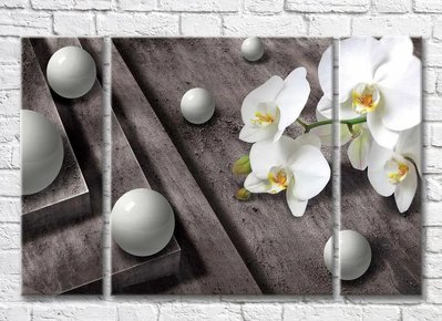 Триптих Белая орхидея и серые сферы на темном фоне 3D7830 фото