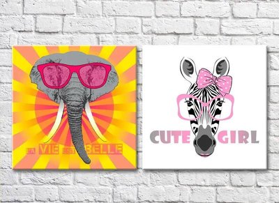 Diptic Elefant și zebră cu ochelari roz Mod6930 фото