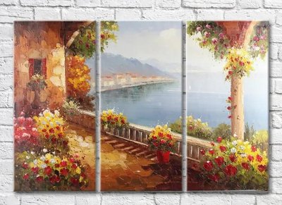Триптих Домик и цветы на террасе у моря Sre7580 фото