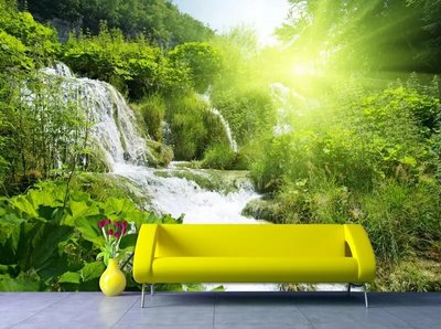 Фотообои Водопад на фоне зеленых растений и ярких солнечных лучей Vod4680 фото
