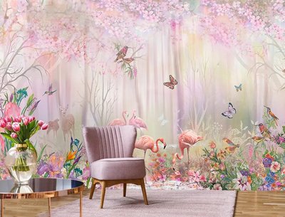 Фламинго, бабочки и птицы в цветущем розовом лесу Ska580 фото