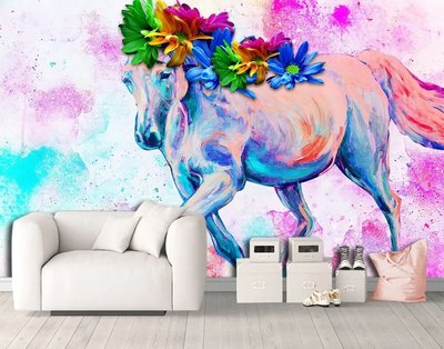 Разноцветная лошадь с цветочной гривой на абстрактном фоне Ris1430 фото