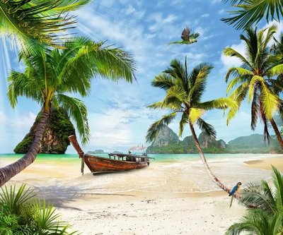 Фреска пляж с пальмами, баркас и попугай Fre3880 фото