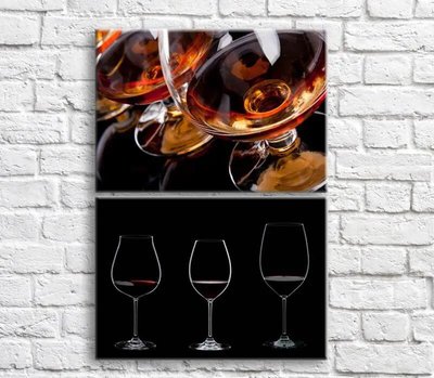 Картина Бокалы с красным вином и коньяком на черном фоне, диптих Eda8680 фото