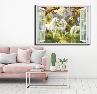 Наклейка на стену, Окно с видом на сад с единорогами W152 фото