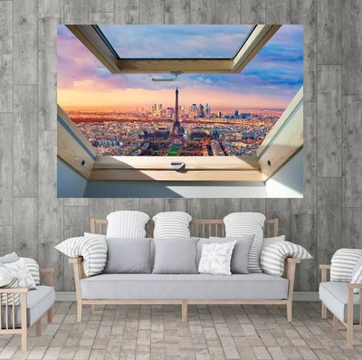 Autocolant de perete, fereastră 3D cu vedere la cer roz la Paris W02 фото