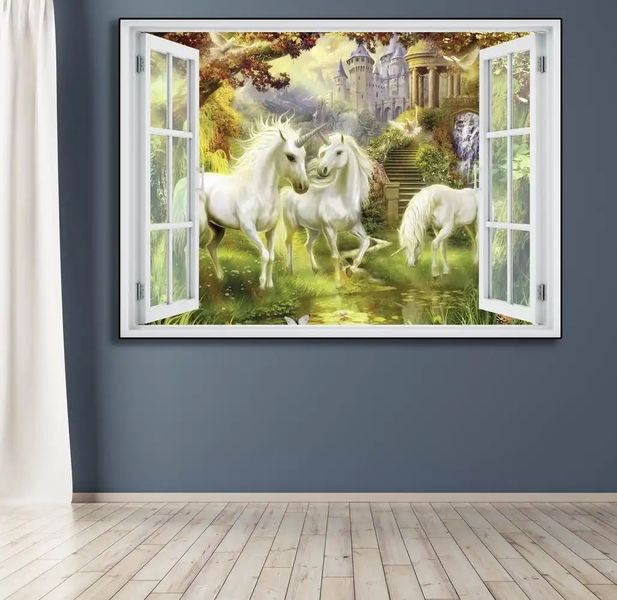 Наклейка на стену, Окно с видом на сад с единорогами W152 фото
