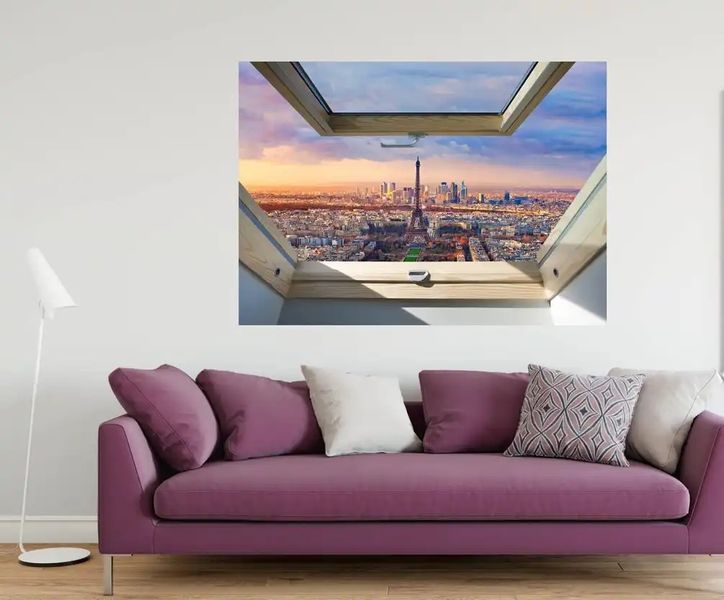 Наклейка на стену, 3Д окно с видом на розовое небо в Париже W02 фото