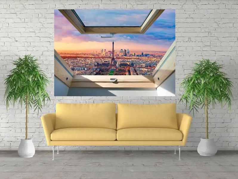 Наклейка на стену, 3Д окно с видом на розовое небо в Париже W02 фото