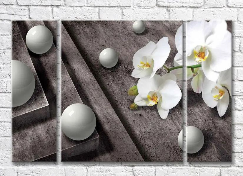 Триптих Белая орхидея и серые сферы на темном фоне 3D7830 фото