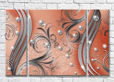 Триптих Абстракция из серебряных узоров и страз на оранжевом фоне 3D7831 фото
