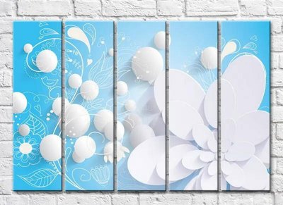 Poliptic Baloane albe și o floare pe fond albastru 3D7181 фото