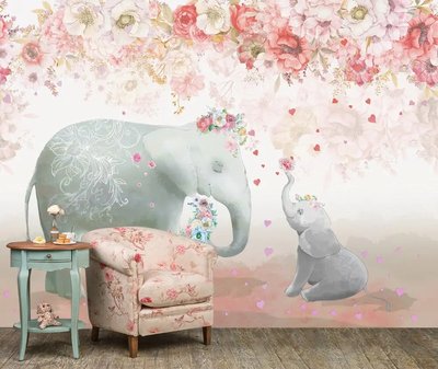 Elefant și pui de elefant pe un fundal roz cu flori Akv1331 фото