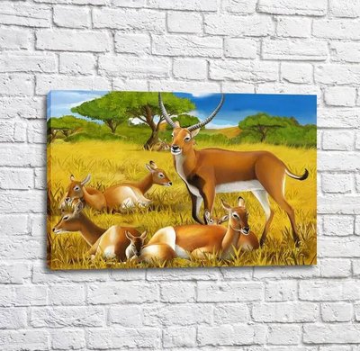 Постер Семейство антилоп на фоне поля и зеленых деревьев Mul16551 фото