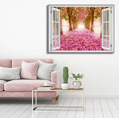 Наклейка на стену, 3D-окно с видом на аллею с розовыми цветами W101 фото