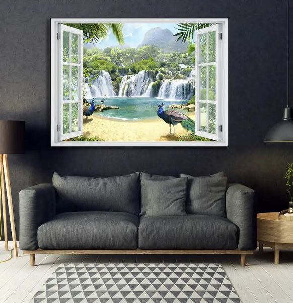 Наклейка на стену, 3D-окно с видом на холмы рядом с водопадом W151 фото