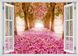 Наклейка на стену, 3D-окно с видом на аллею с розовыми цветами W101 фото 3