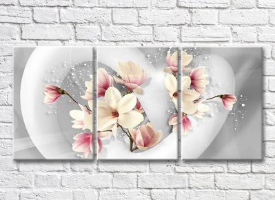 Triptic Magnolia în țesătură albă pe fundal gri 3D7732 фото