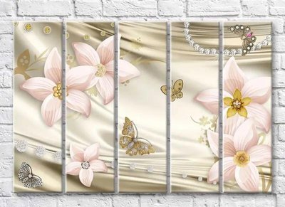 Полиптих Бабочки и цветы из бижутерии на шелковом фоне 3D7232 фото
