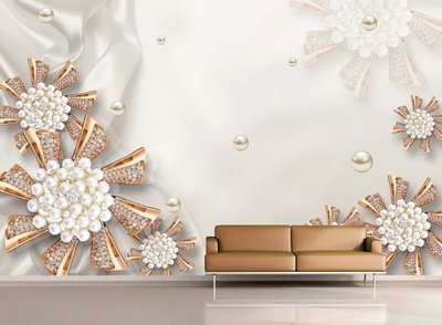 Fototapet Bijuterie florală și perle pe un fundal de mătase albă 3D4032 фото