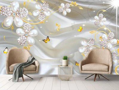 3Д фотообои, желтые бабочки и цветы из драгоценных камней на фоне шелка от 320 MDL онлайн в Кишиневе 3D4632 фото