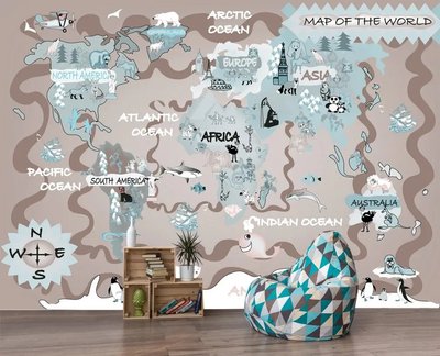 Кофейная карта мира с бирюзовыми континентами и животными Det1032 фото
