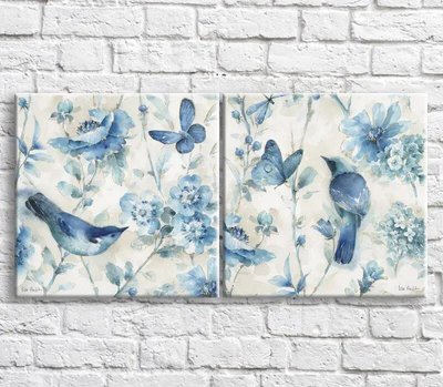 Картина Голубые бабочки и птички на фоне цветов, диптих TSv10382 фото