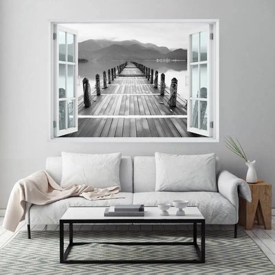 Наклейка на стену, Окно с видом на черно-белый мост W50 фото