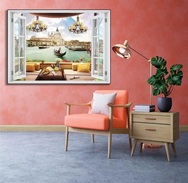 Наклейка на стену, Окно с видом на гондолы W150 фото