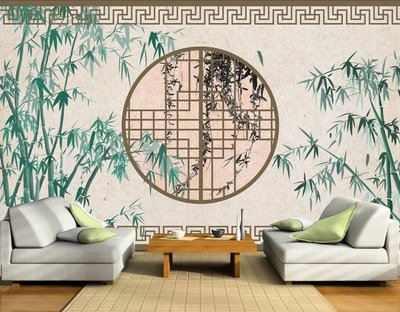 Tufe de bambus și o fereastră rotundă pe fond bej Vos383 фото