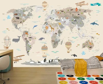 Детская карта мира с животными и воздушными шарами на бежевом фоне Fot483 фото