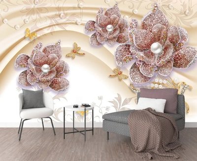 Фотообои Крупные цветы со стразами и стрекозы из бижутерии на бежевом фоне 3D4033 фото