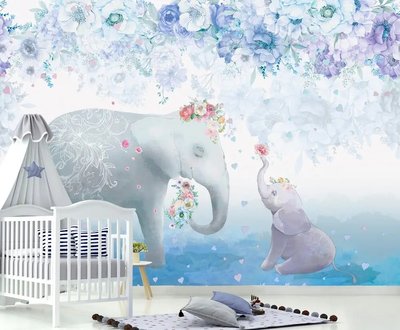 Слониха и слоненок на голубом фоне с цветами Akv1333 фото