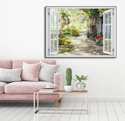 Наклейка на стену, 3D-окно с видом на прекрасный дом W149 фото
