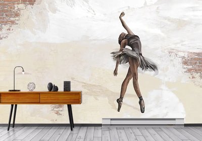 Балерина в коричневой пачке, на светлой стене, кирпич Sov134 фото