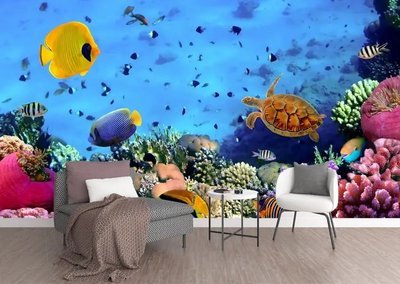 Фотообои Разноцветные рыбки и черепаха среди кораллов Pod2334 фото